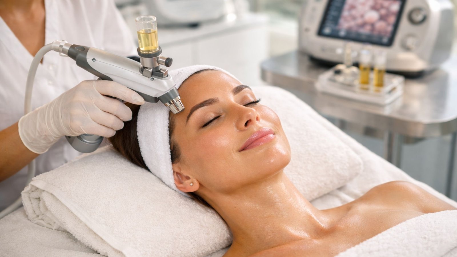 Woman receiving regenerative facial treatment in Miami clinic for natural skin rejuvenation and cellular skin repair therapy