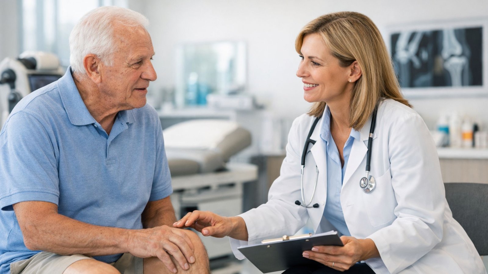 Doctor consulting elderly patient about knee arthritis stem cell therapy in Miami regenerative medicine clinic.