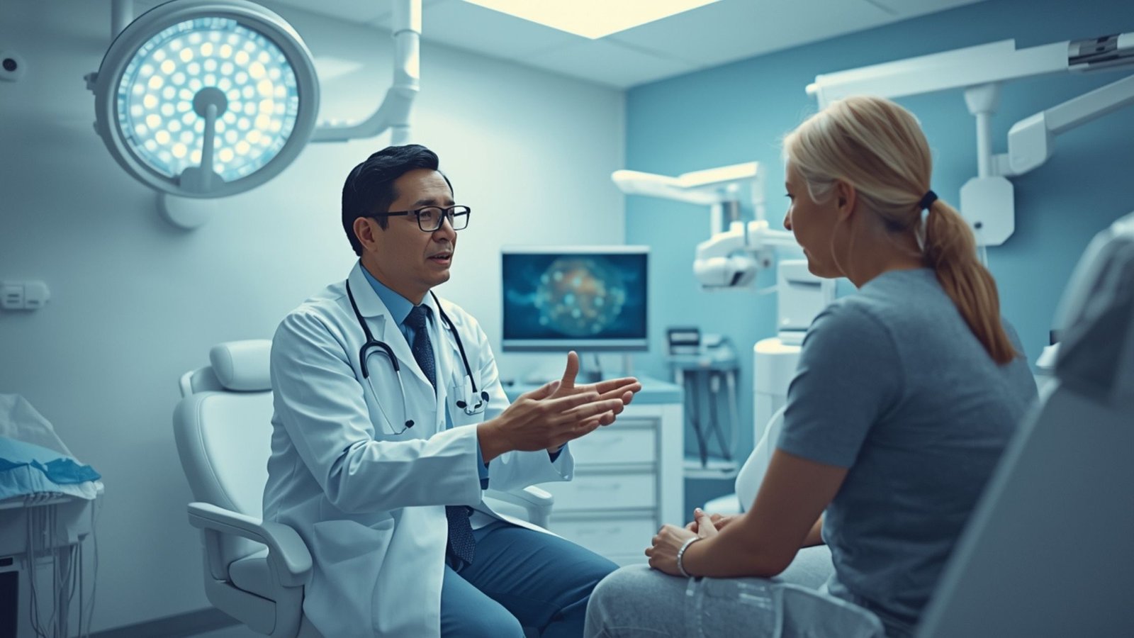 Doctor discussing anti aging regenerative therapy treatment with patient in modern clinic