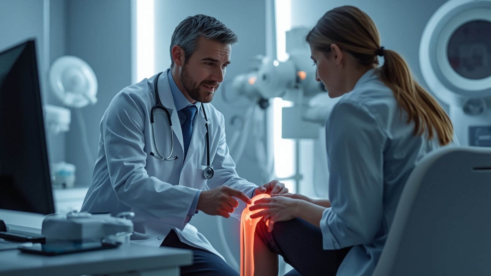 Doctor examining patient knee joint pain in regenerative medicine clinic