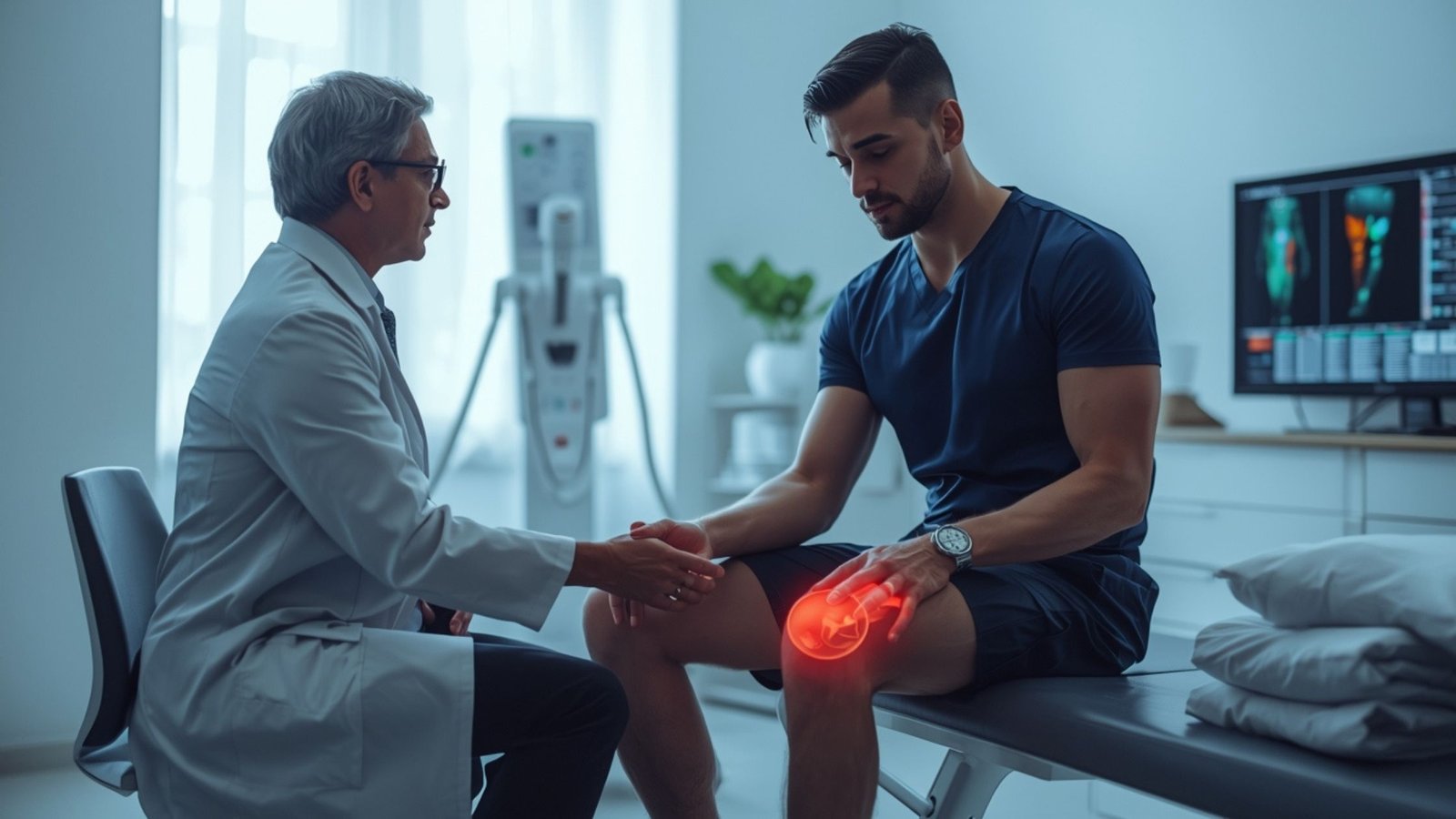 Doctor evaluating sports injury patient in a modern regenerative medicine clinic in Miami