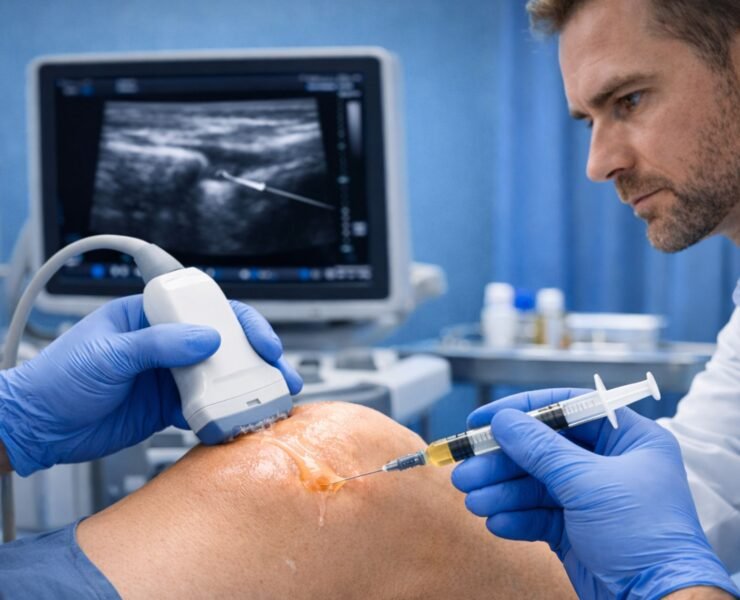 Doctor performing stem cell therapy injection for knee joint pain treatment in regenerative medicine clinic