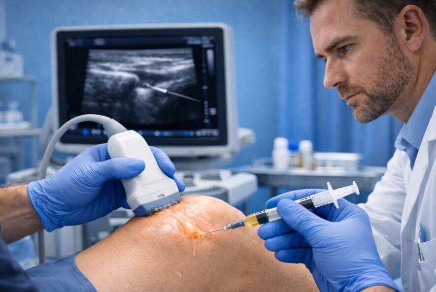 Doctor performing stem cell therapy injection for knee joint pain treatment in regenerative medicine clinic