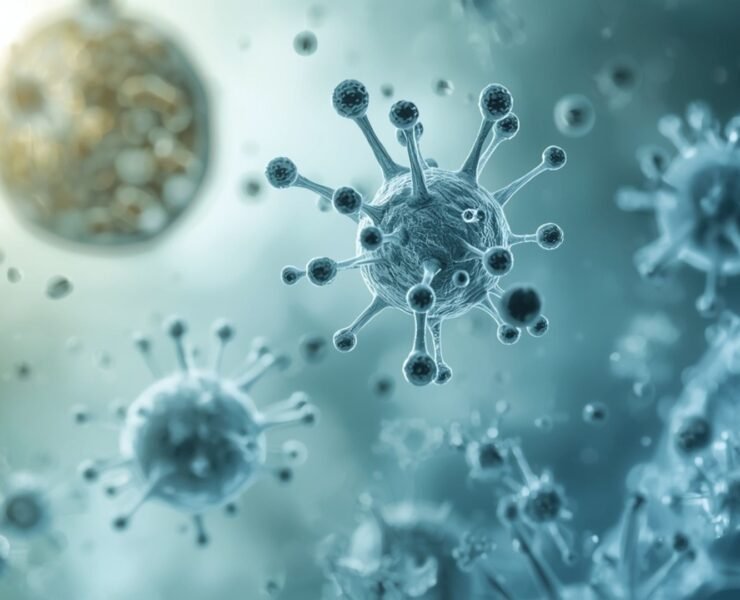 Close-up of exosome particles aiding in cellular regeneration and healing.