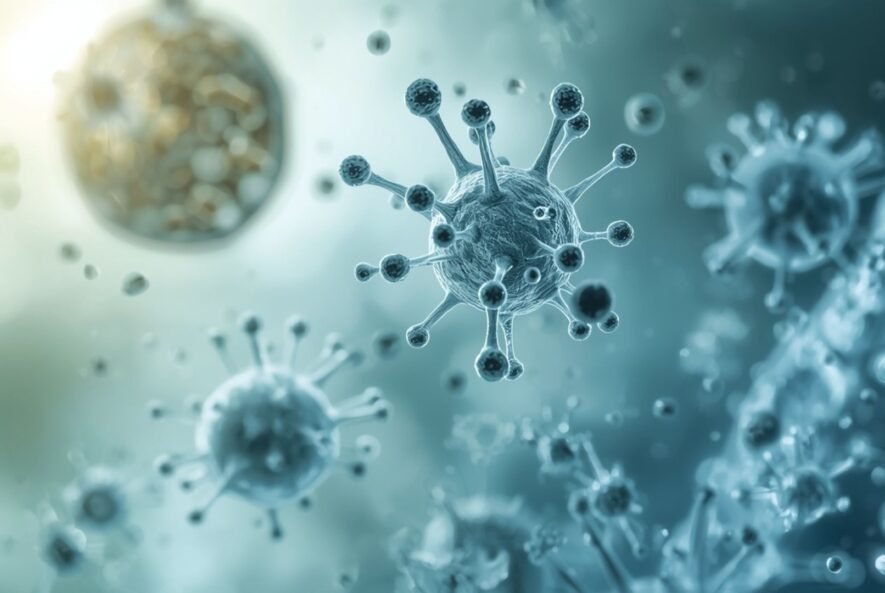Close-up of exosome particles aiding in cellular regeneration and healing.