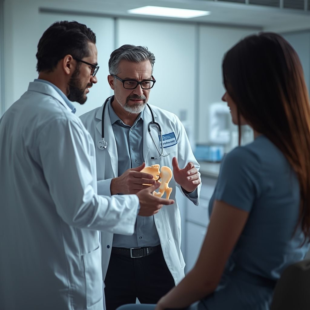 Doctor explaining hip joint treatment with stem cell therapy in Miami clinic
