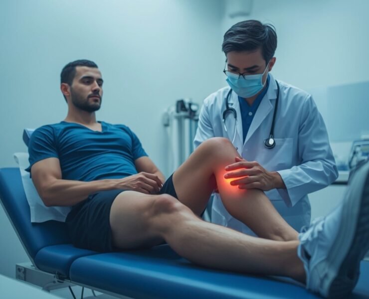 doctor examining knee injury of athlete in clinic for non surgical sports injury treatment