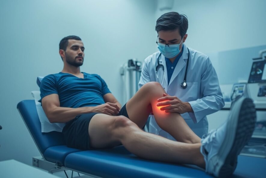 doctor examining knee injury of athlete in clinic for non surgical sports injury treatment