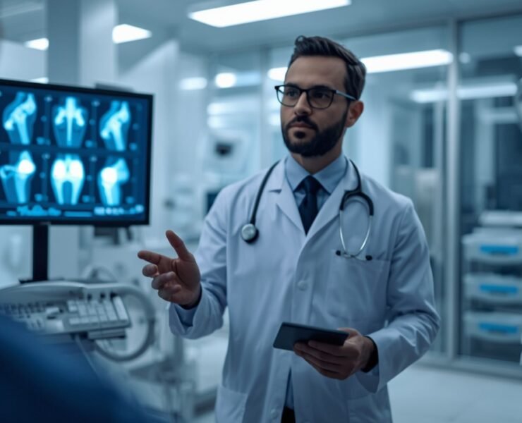 Doctor explaining regenerative medicine treatment options for knee, shoulder, and back pain in a modern medical clinic