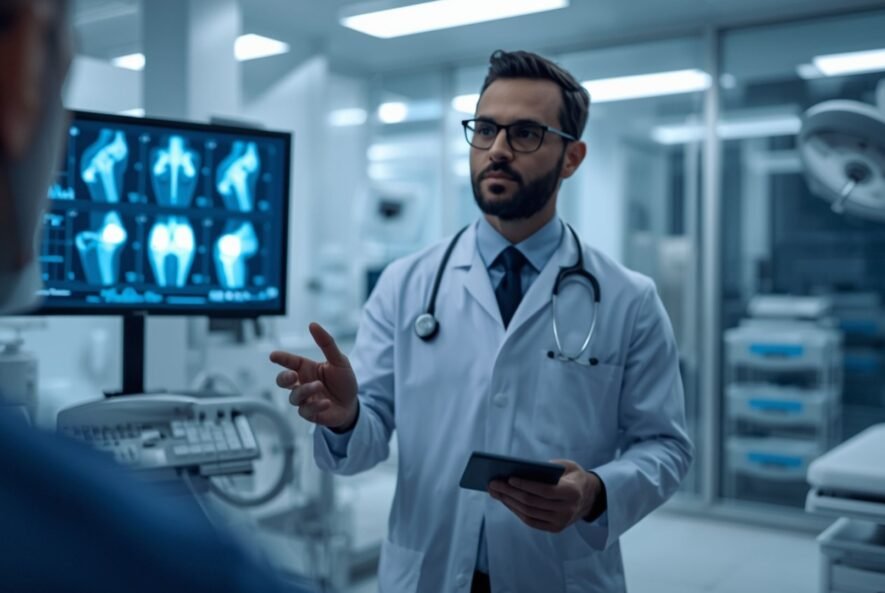 Doctor explaining regenerative medicine treatment options for knee, shoulder, and back pain in a modern medical clinic