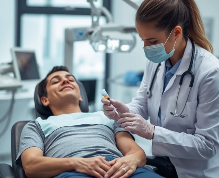 "Stem cell therapy being administered by a professional in a modern medical clinic."