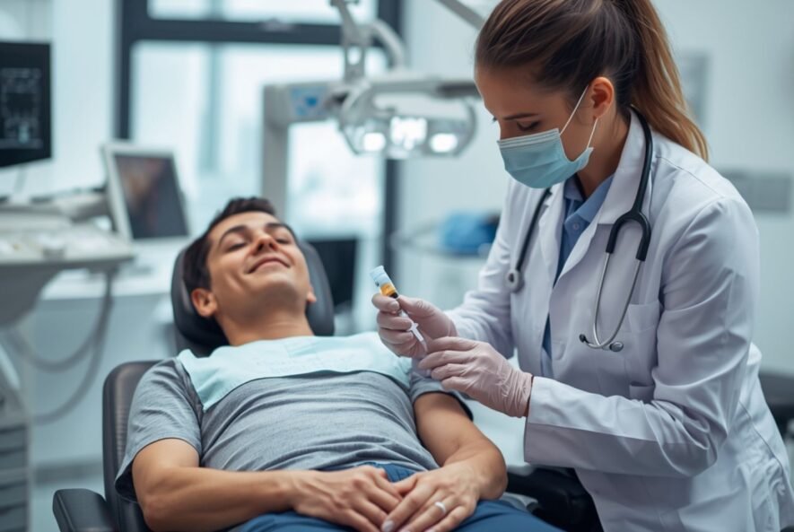 "Stem cell therapy being administered by a professional in a modern medical clinic."