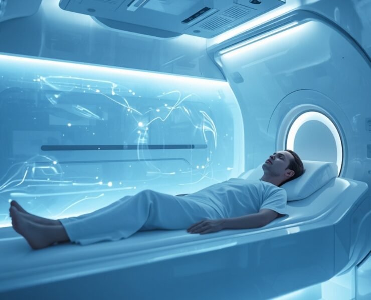 Patient inside a hyperbaric oxygen therapy chamber in a regenerative wellness clinic