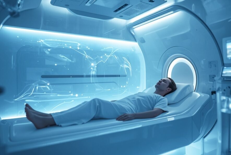 Patient inside a hyperbaric oxygen therapy chamber in a regenerative wellness clinic