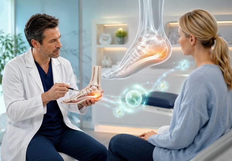 Doctor explaining stem cell therapy for foot pain and plantar fasciitis to a patient
