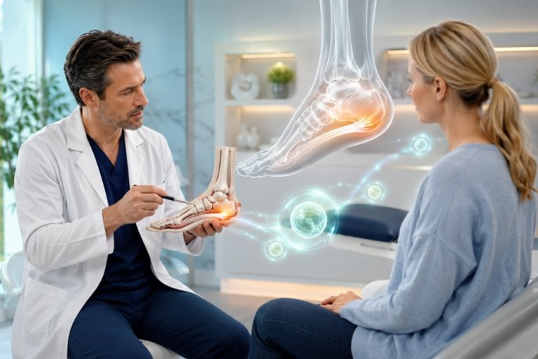 Doctor explaining stem cell therapy for foot pain and plantar fasciitis to a patient