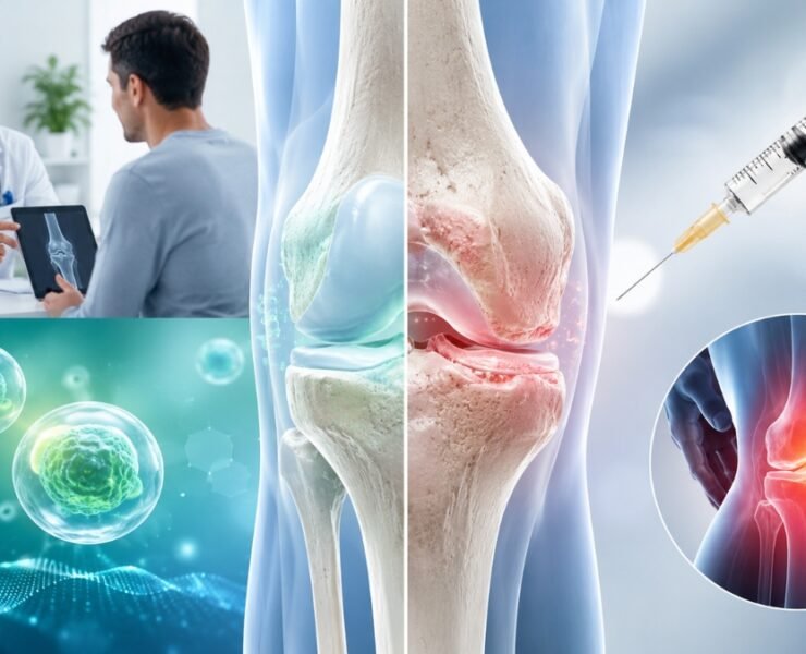 Side-by-side medical image comparing stem cell therapy and cortisone injections for knee arthritis, with knee joint anatomy, glowing stem cells, doctor consultation, syringe, and inflammation visuals.