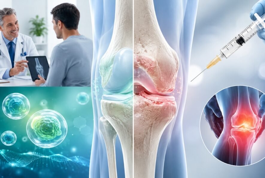 Side-by-side medical image comparing stem cell therapy and cortisone injections for knee arthritis, with knee joint anatomy, glowing stem cells, doctor consultation, syringe, and inflammation visuals.