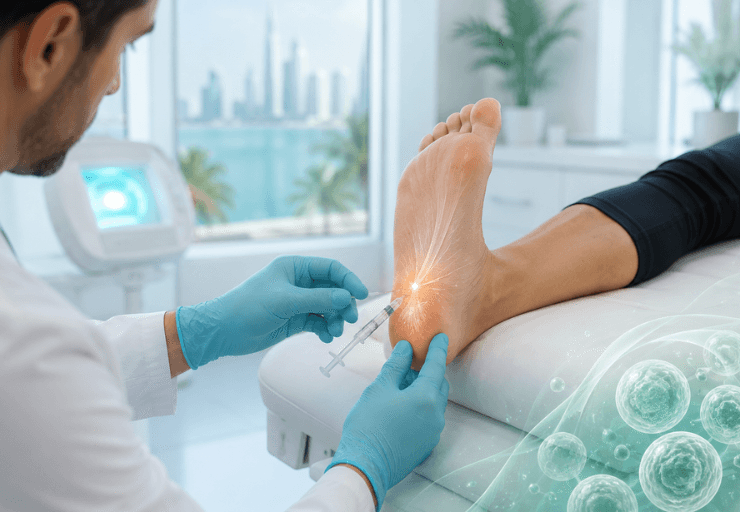 Doctor explaining stem cell therapy for foot pain and plantar fasciitis to a patient