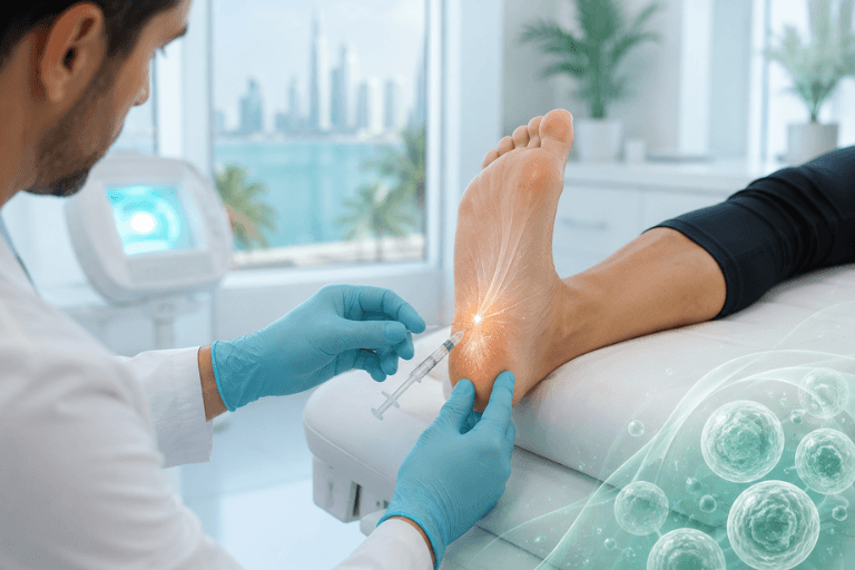 Doctor explaining stem cell therapy for foot pain and plantar fasciitis to a patient