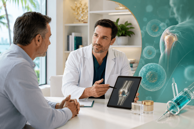 Doctor discussing stem cell therapy side effects with patient in regenerative medicine clinic