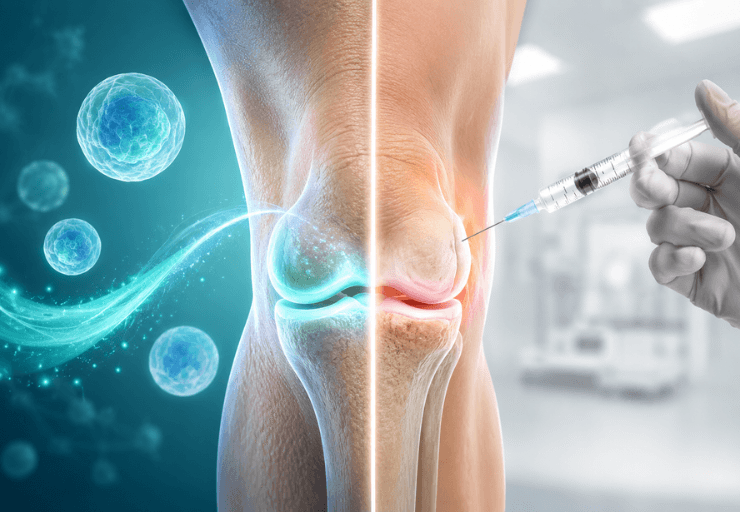 Side-by-side medical image comparing stem cell therapy and cortisone injections for knee arthritis, with knee joint anatomy, glowing stem cells, doctor consultation, syringe, and inflammation visuals.