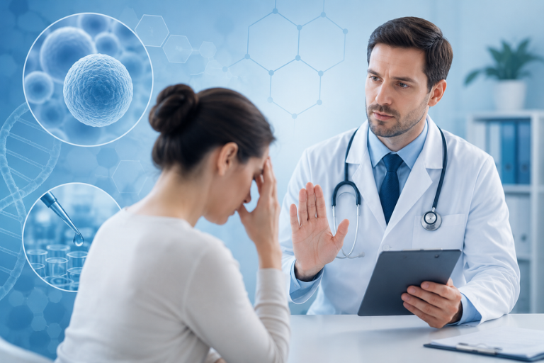 Doctor consulting with patient about stem cell therapy eligibility in a regenerative medicine clinic