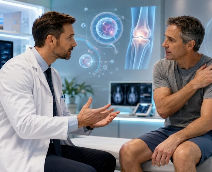 Doctor discussing stem cell therapy side effects with patient in regenerative medicine clinic
