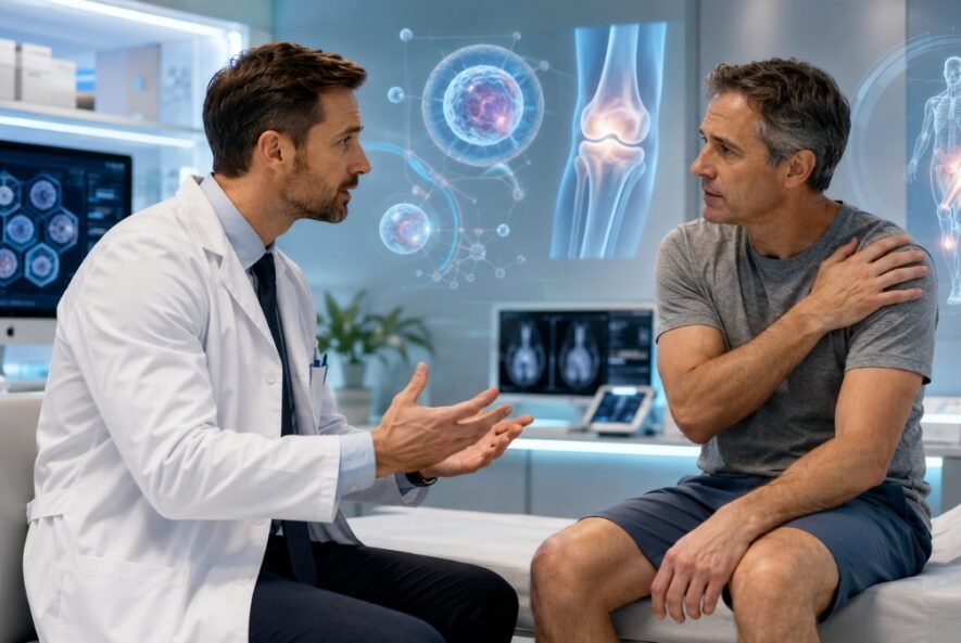 Doctor discussing stem cell therapy side effects with patient in regenerative medicine clinic