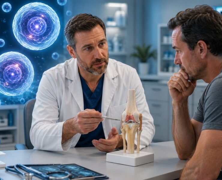 Doctor consulting with patient about stem cell therapy eligibility in a regenerative medicine clinic