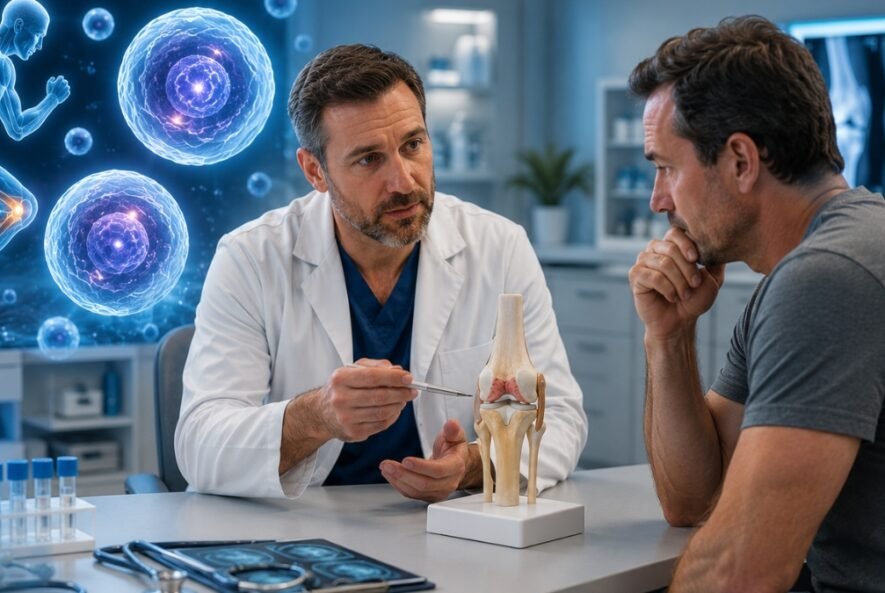 Doctor consulting with patient about stem cell therapy eligibility in a regenerative medicine clinic