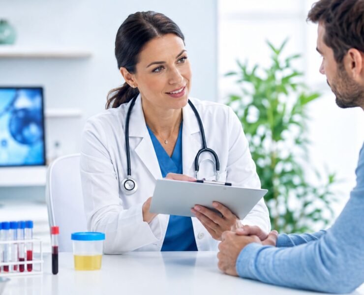 Doctor discussing heavy metal testing options with a patient in a modern clinic with blood and urine sample containers