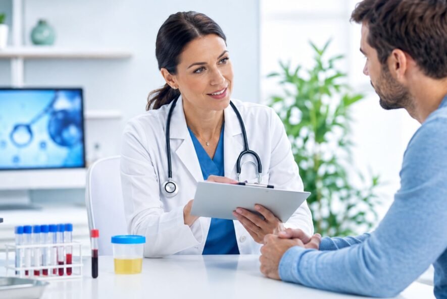 Doctor discussing heavy metal testing options with a patient in a modern clinic with blood and urine sample containers