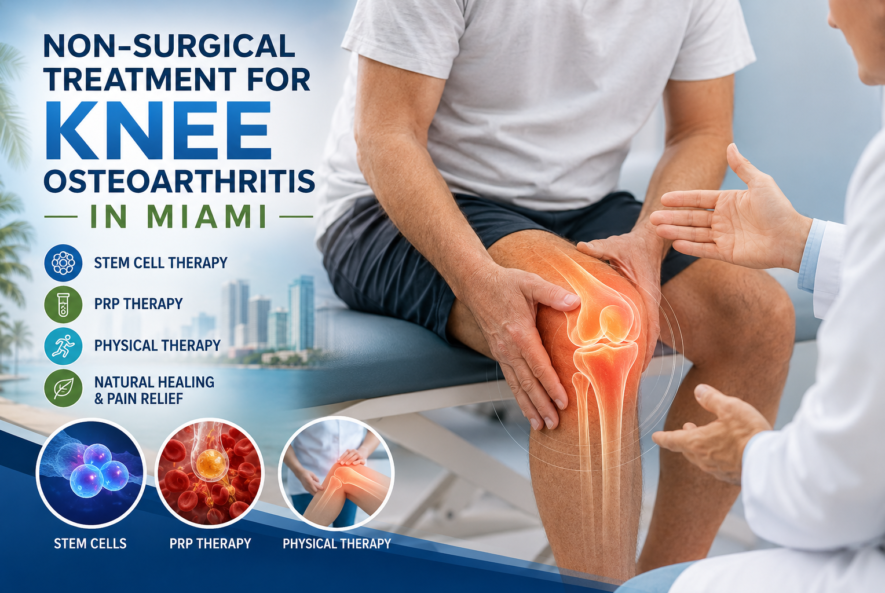Doctor discussing non-surgical knee osteoarthritis treatment with patient in Miami