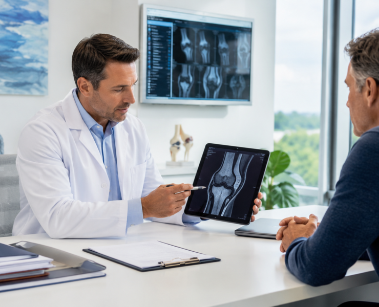Doctor reviewing knee MRI with patient during a regenerative medicine consultation in Miami