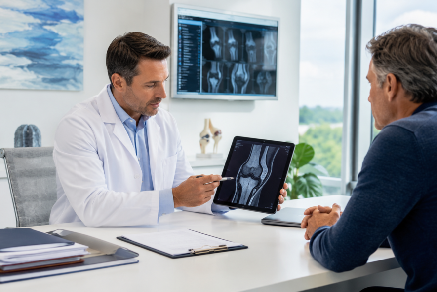 Doctor reviewing knee MRI with patient during a regenerative medicine consultation in Miami