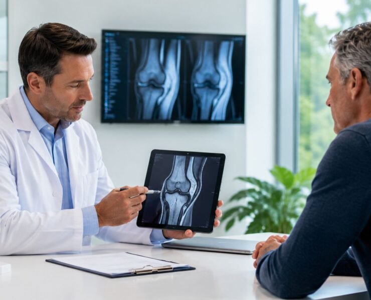 Doctor explaining knee arthritis imaging to a patient during a stem cell therapy consultation