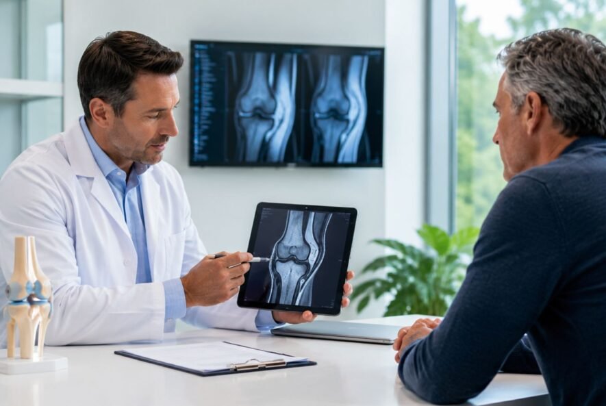 Doctor explaining knee arthritis imaging to a patient during a stem cell therapy consultation