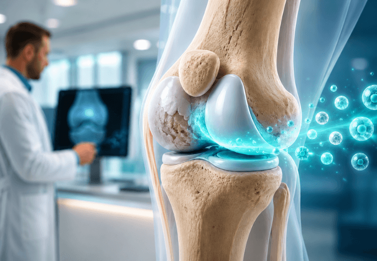 Stem cell therapy and cartilage regeneration in a knee joint affected by osteoarthritis