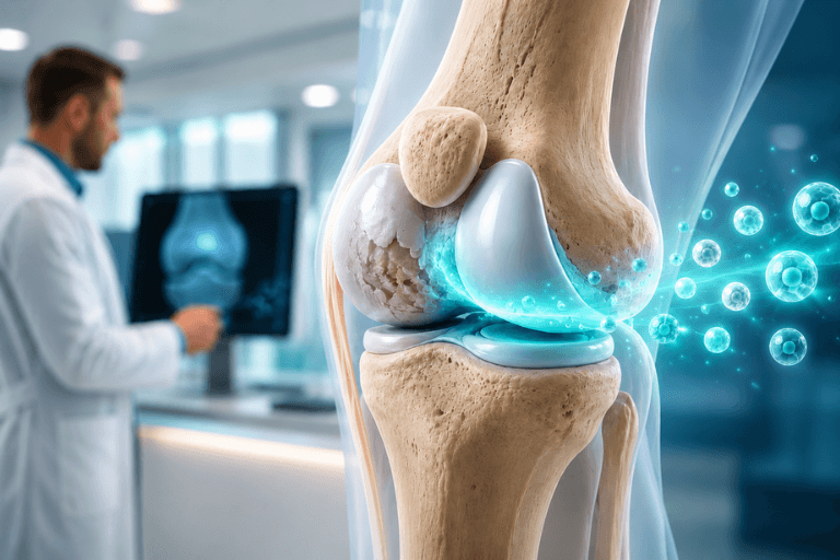 Stem cell therapy and cartilage regeneration in a knee joint affected by osteoarthritis
