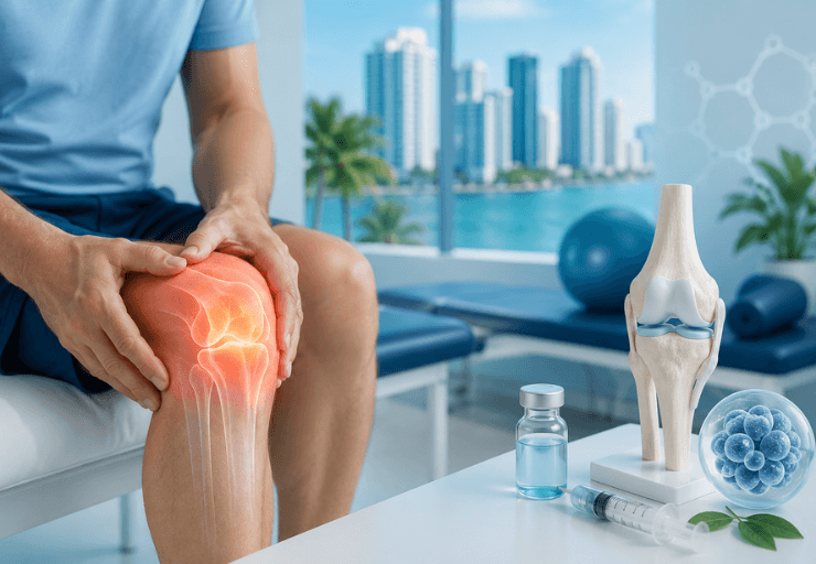 Doctor discussing non-surgical knee osteoarthritis treatment with patient in Miami