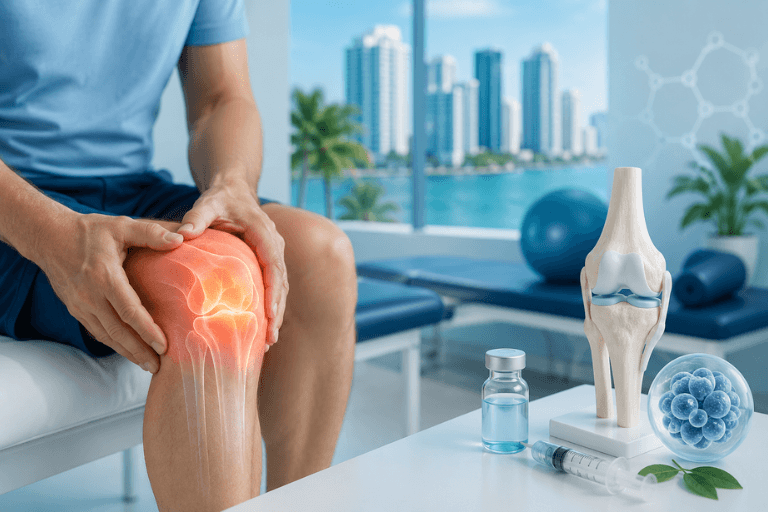 Doctor discussing non-surgical knee osteoarthritis treatment with patient in Miami