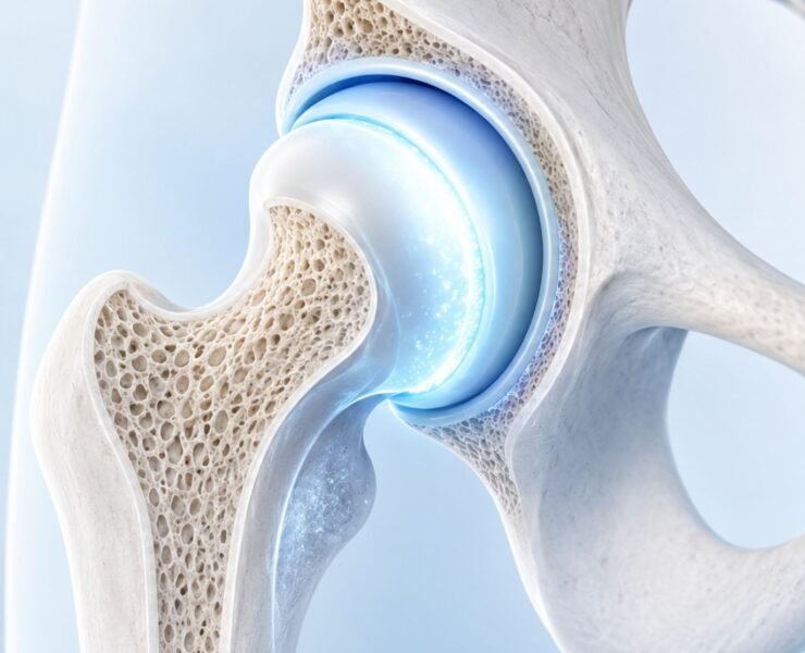 Illustration of hip joint showing osteoarthritis and stem cell therapy treatment area