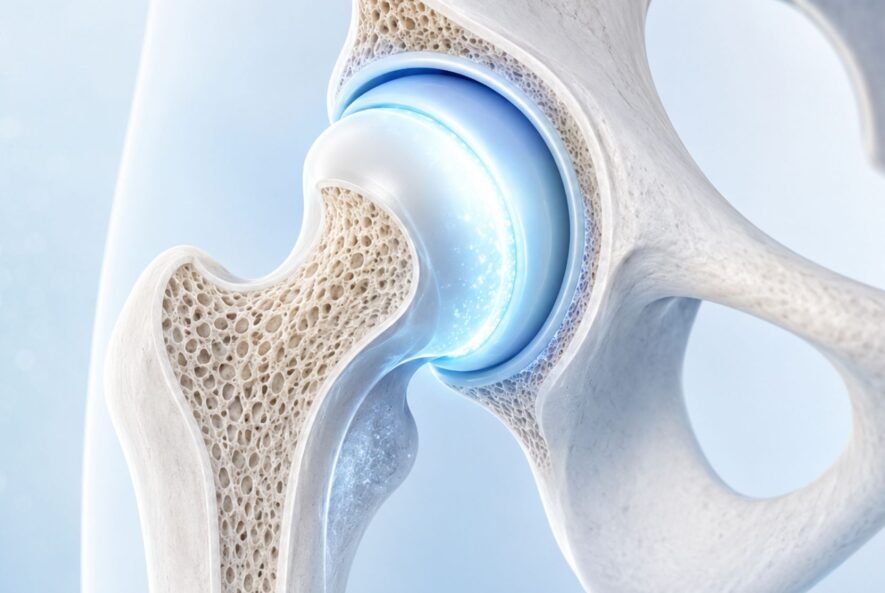 Illustration of hip joint showing osteoarthritis and stem cell therapy treatment area