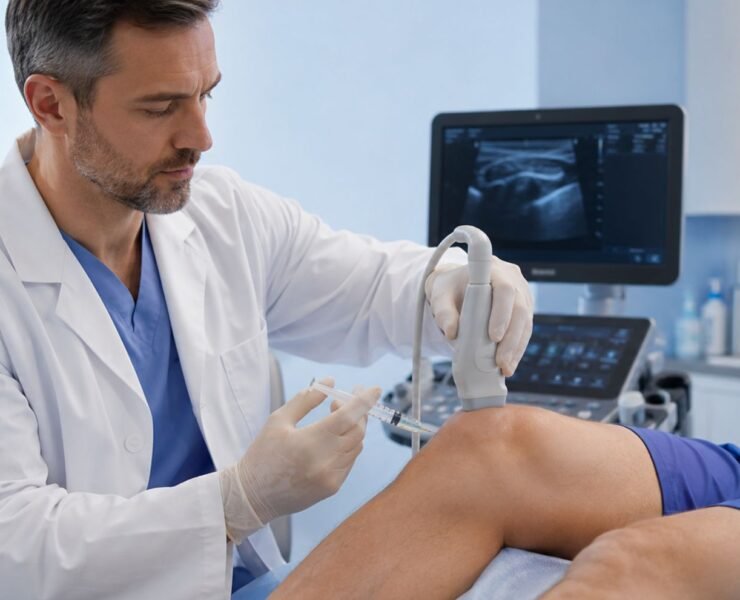 Doctor performing stem cell therapy knee injection procedure at Stem Cell Miami FL clinic