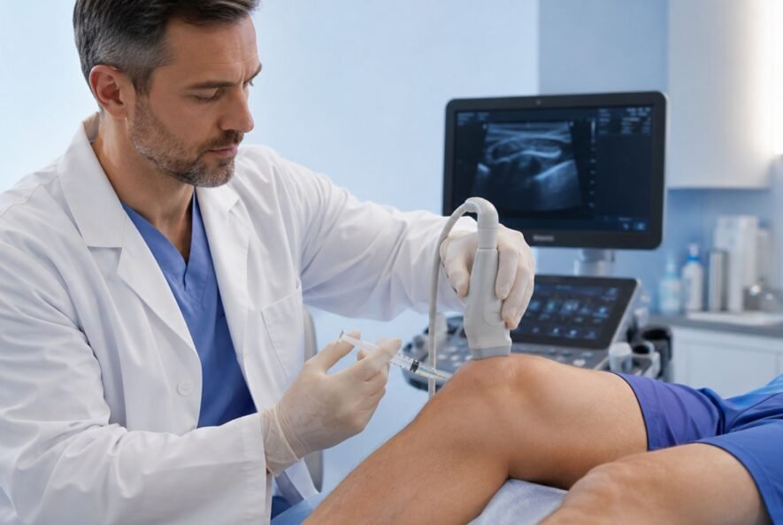 Doctor performing stem cell therapy knee injection procedure at Stem Cell Miami FL clinic