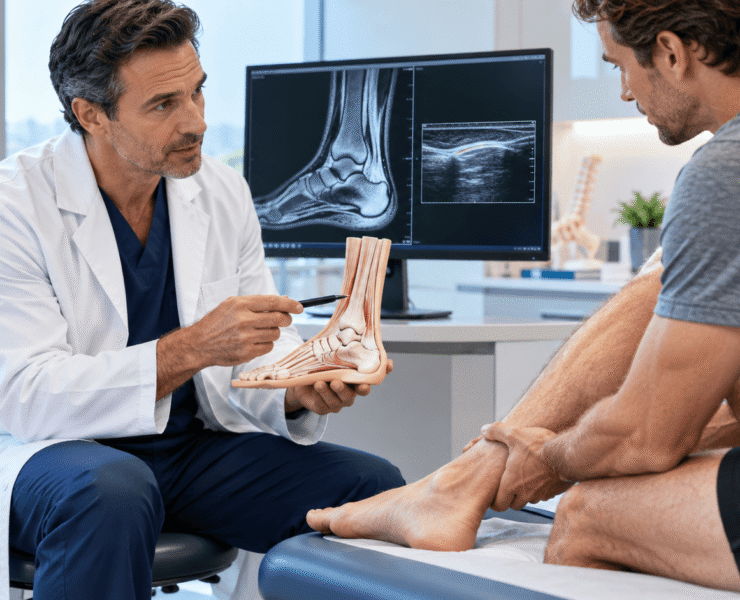 Doctor explaining Achilles tendon injury to a patient during a regenerative medicine consultation