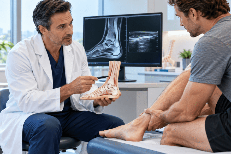 Doctor explaining Achilles tendon injury to a patient during a regenerative medicine consultation