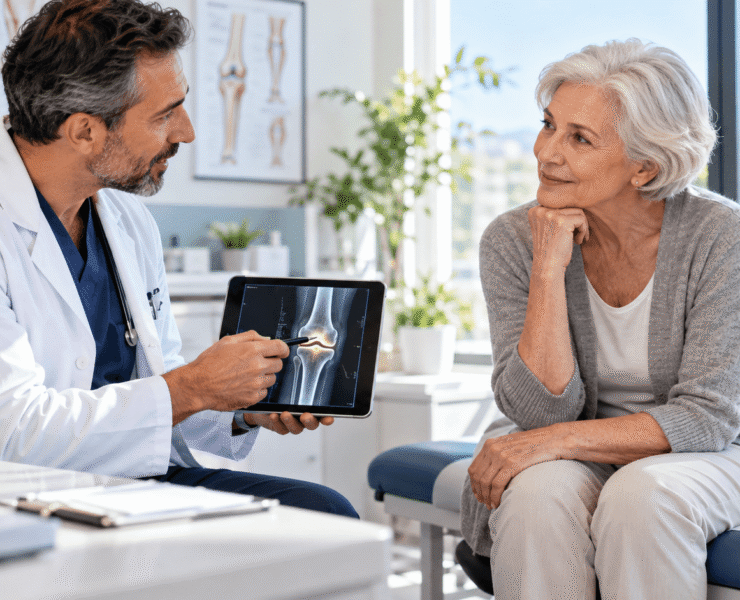 Doctor explaining knee imaging to a senior patient during a stem cell therapy consultation