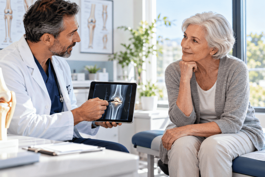 Doctor explaining knee imaging to a senior patient during a stem cell therapy consultation